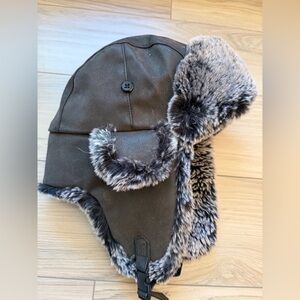 Janey & Rubbins Brown Faux Fur Leather Trapper Hat. Sz Large